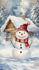 Snowman with a snowy cabin, peaceful watercolor winter .