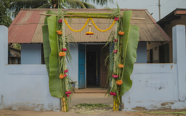 Traditional Pongal Backdrop Archway Decorated with Sugarcane, Flowers and Banana Leaves at Rural Indian Home