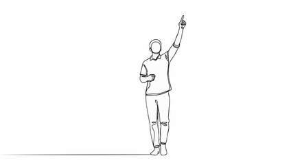 Continuous line drawing of a man pointing upwards in celebration.