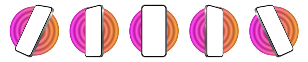 Mockup of a phone screen. Social media promotion. Advertising on a smartphone display. Device front view. 3D mobile phone. Cell phone. 3d rounds in pink and orange shades