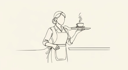 Line Art Illustration of Waitress Serving Coffee with Elegance.