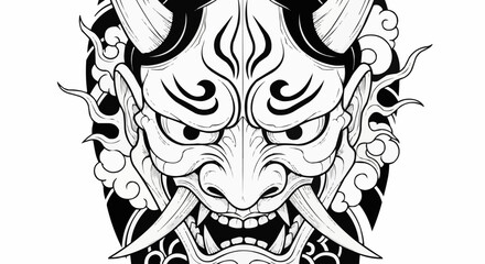 Intricate Japanese Oni Mask Depiction in Detailed Black and White Artwork.