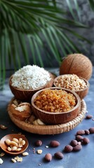 Pongal gift baskets with jaggery and coconuts .