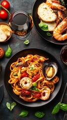 Italian gourmet dishes including truffle pasta and fresh seafood, served with fine wine .