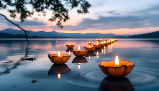 Row of simple earthen Diyas, lit, floating on a serene water body like a pond at night - Powered by Adobe