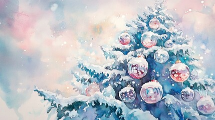 Watercolor Christmas tree decorated with snow-filled glass balls, gentle pastel winter background .
