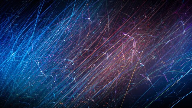 Streaming neon light streaks moving diagonally across dark gradient, with particle sparks and bokeh - Powered by Adobe