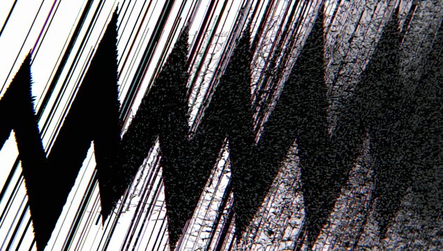 Running large jagged zigzag black shape slicing across paper scan close-up, showing ink bleed grain - Powered by Adobe