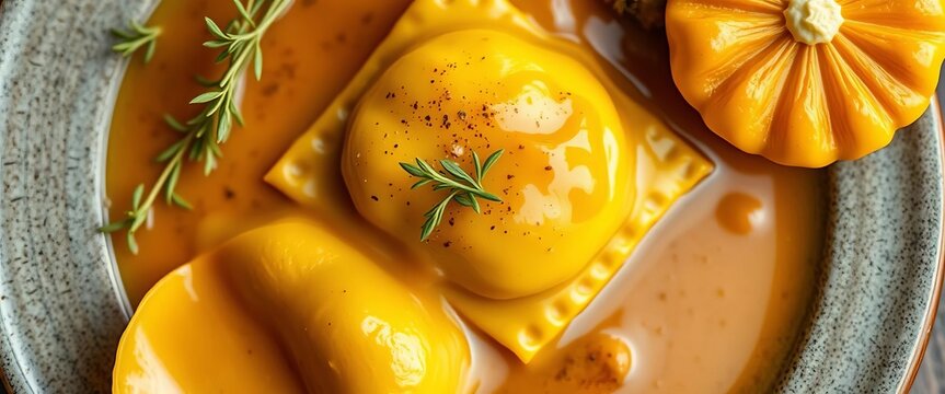 Golden, homemade pumpkin ravioli in a rich butter sauce,   plate,  dinner