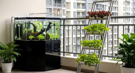 Aquaponics Vertical Garden and Fish Tank on Apartment Balcony