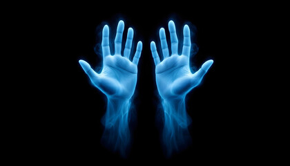 Obraz premium Two disembodied hands, rendered in a ghostly blue hue, float against a stark black background