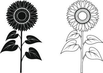 Two sunflowers are depicted in contrasting black and white styles