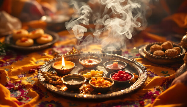 Traditional thali with diyas, sweets, and incense smoke, golden tones