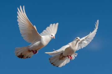 Obraz premium Doves flying gracefully against a clear blue sky as a symbol of global peace and freedom.