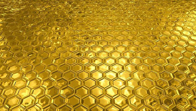Reflecting gold hexagonal tiles with beveled edges and seams at close-up angle, with specular sheen