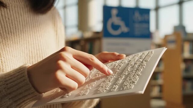 Person reading braille in a library setting with accessibility signage and