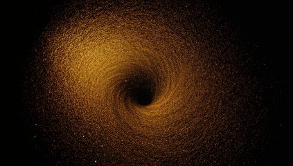 Swirling spiral vortex of golden particles drawing inward on deep black field, with dark core
