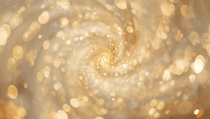Swirling central golden spiral drawing eye inward in abstract frame, with bokeh orbs, glitter