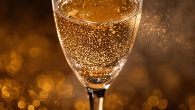 Sparkling champagne flute catching warm backlight on studio tabletop, showing golden bubbles