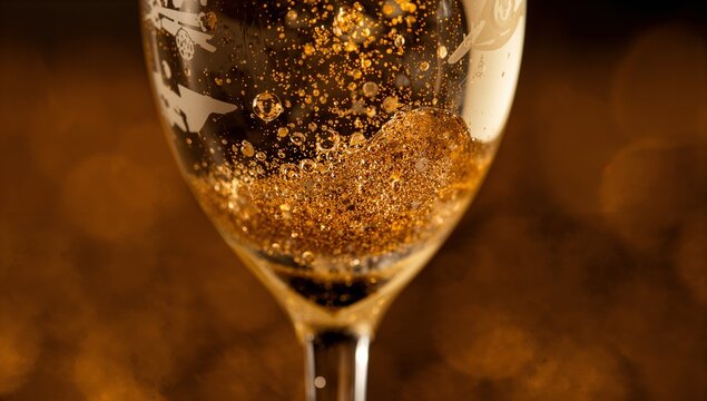 Glittering stemmed glass revealing etched rim and rising bubbles with golden bokeh in studio