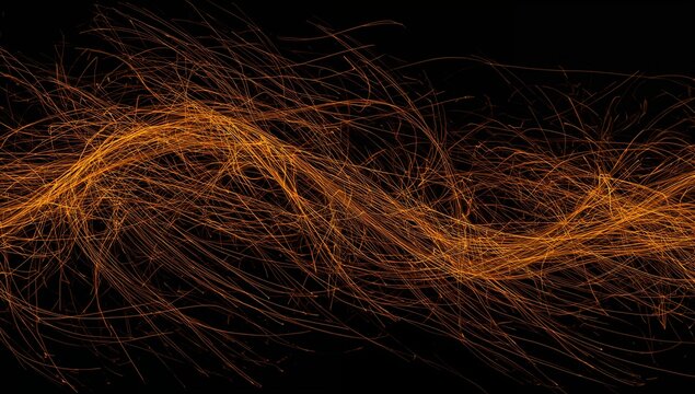 Flowing intertwined orange-gold light trails forming wave across dark backdrop, with bright sparks - Powered by Adobe