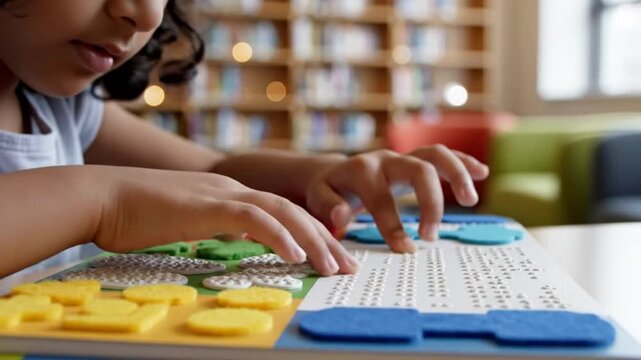 Child playing digital memory game with colorful tokens in cozy library