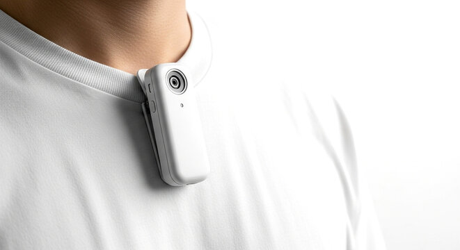 Wearable Body Camera Attached to White T Shirt Close Up