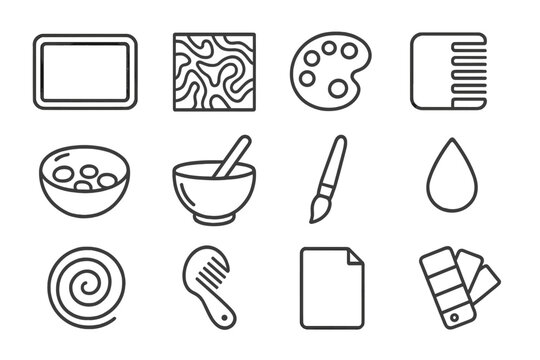 Craft Technique Icons. Line style icons of Craft Techniques: Tray, Carrageenan, Paint, Comb Pattern; Palette, Mixing Bowl, Brush,