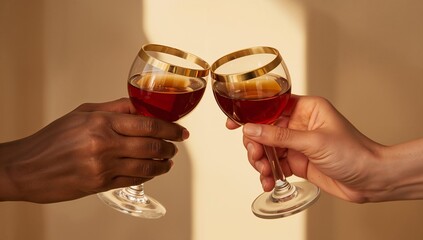 Clinking couple's hands holding gold-rimmed stemmed glasses at dining table, red wine visible