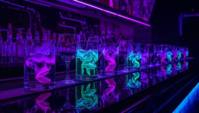 Casting centered row of highball and wine glasses glowing on polished bar counter, with neon swirls
