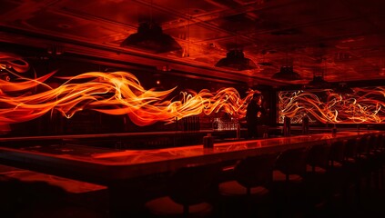 Flowing flame-like light trails stretching across bar, reflecting on polished counter and bottles