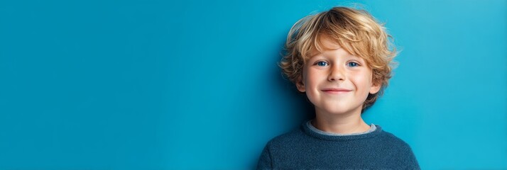 Young boy with curly hair smiles happily against a bright blue wall in a cheerful environment. Copy space