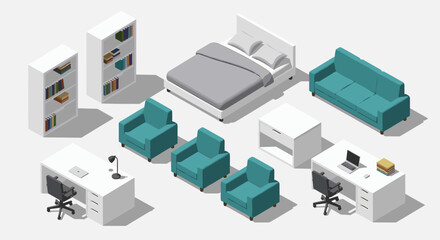 Obraz premium Stylish isometric home office setup with modern furniture for interior design inspiration and decorating ideas for comfortable living spaces