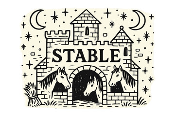 Obraz premium Enchanted Castle Stable. Hand-drawn castle stable with moons, horses, and sparkles, center word “Stable” in black and white