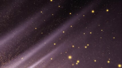 Abstract dark purple background with light rays and golden sparkles overlay effect