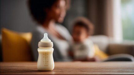 A close-up of a baby bottle filled with milk on a wooden table. In the background, a young African woman holds a baby. Soft lighting creates a warm atmosphere.