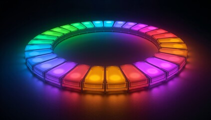 Glowing centered light ring emitting rainbow glow on dark studio surface, with frosted modules