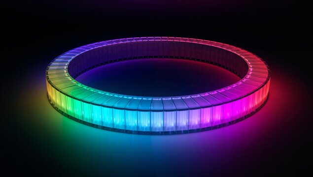 Glowing circular LED ring emitting rainbow from rectangular modules on glossy floor, colored halos