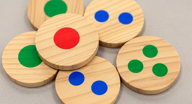 Close Up of Wooden Discs from Childrens Memory Matching Game