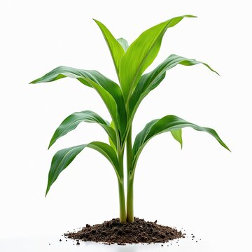 Young corn plant grows from rich soil. Vibrant green leaves reach upwards, isolated on white background for easy design use. Ready for garden or farm projects.