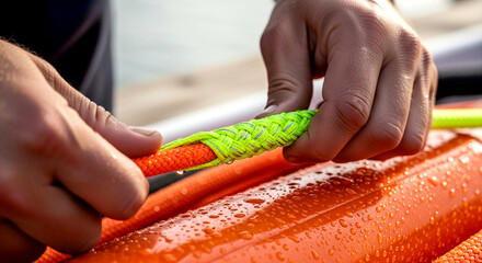 Close Up of Hands Splicing Nautical Rope on Wet Orange Surface
