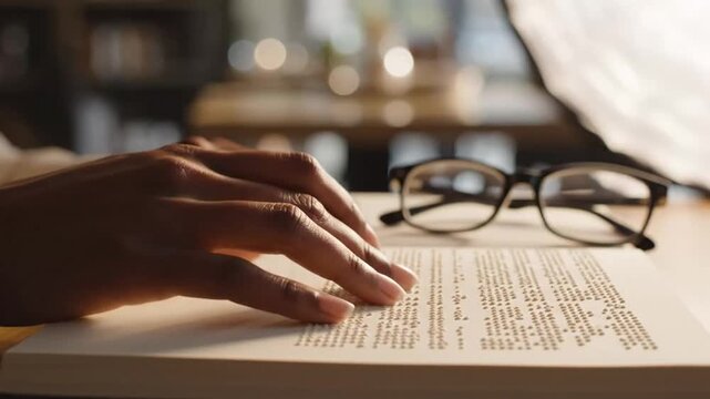 Close-up of hands flipping through pages of a book with reading glasses on a
