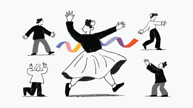 A vibrant and energetic illustration of a joyful female dancer with a flowing skirt captured mid movement showcasing grace and dynamism in a colorful artistic representation