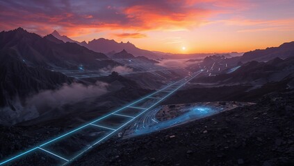Glowing cyan pathways converging across valley at sunset, forming circular terraced lit hub