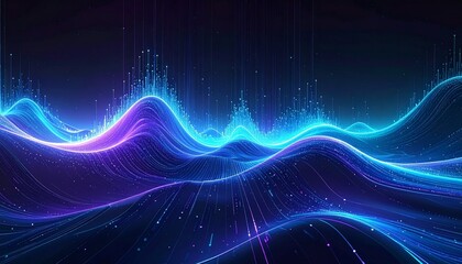 Abstract digital wave of glowing blue, purple, and cyan data lines descending from horizon on dark background.