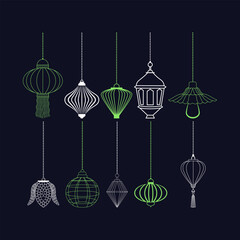 Hanging Decorative Lanterns Set Outline Style Dark Background