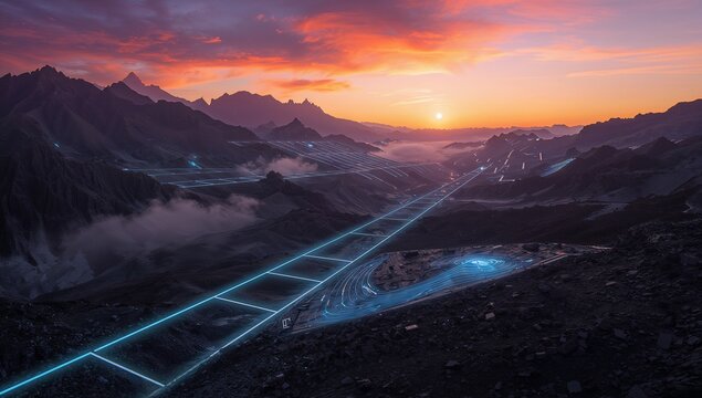 Glowing cyan pathways converging across valley at sunset, forming circular terraced lit hub