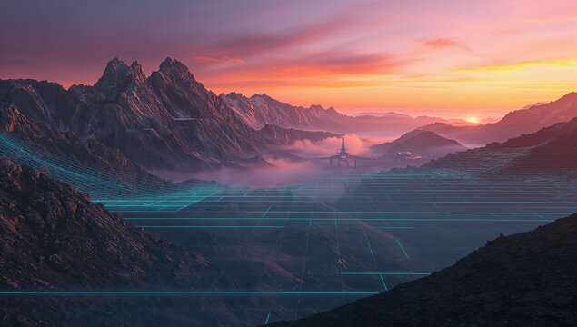 Glowing futuristic mountain valley displaying turquoise grid at sunset, with spire turret amid mist - Powered by Adobe