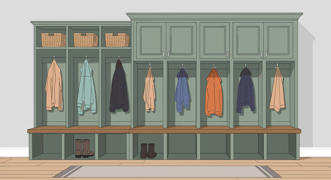 Organized mudroom with stylish storage lockers and hanging coats creates a welcoming, clutter-free home entrance perfect for families