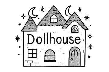 Fototapeta premium Sparkling Moonlit Dollhouse. Hand-drawn dollhouse with moons, windows, and sparkles, center word “Dollhouse” in black and white